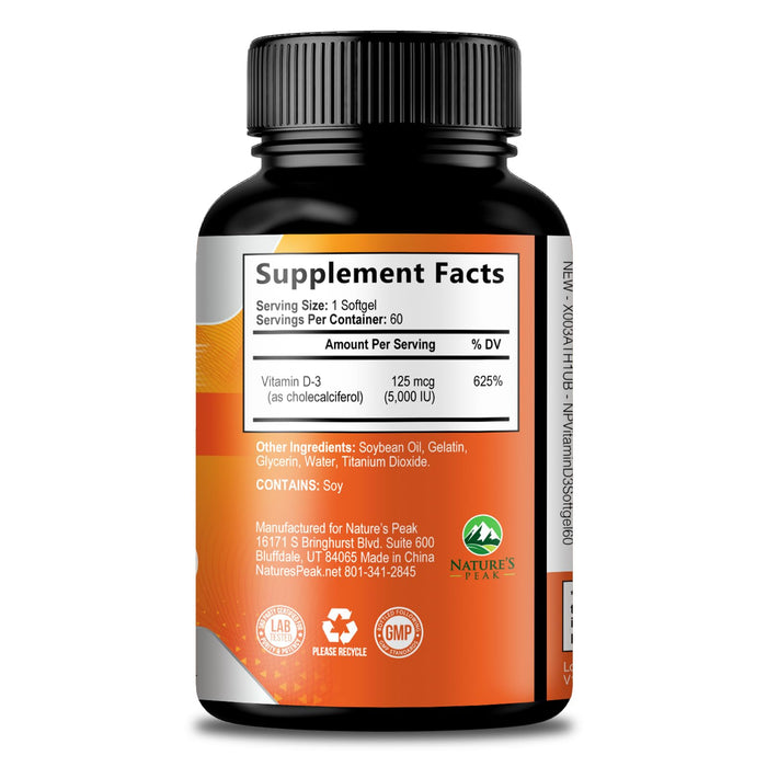 Vitamin D3 5000 IU Softgels (125 mcg) – 60 Count