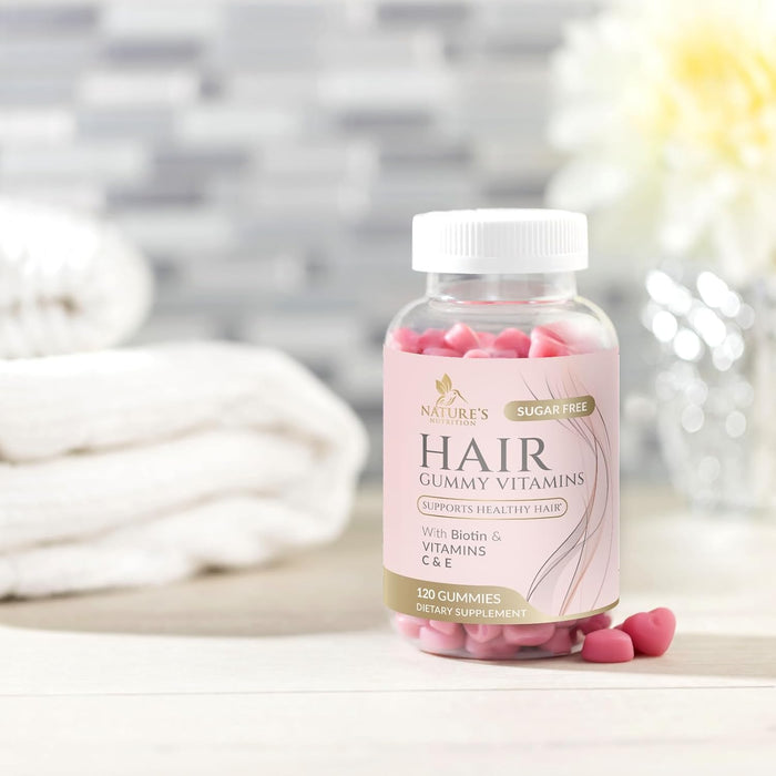 Hair Gummy Vitamins, Sugar Free with Biotin 5000 mcg, Vitamin A, B12, C, D, E, Folic Acid, Supports Hair Growth, Vegetarian Friendly, for Strong, Beautiful Hair and Nails, Non-GMO - 60 Gummies