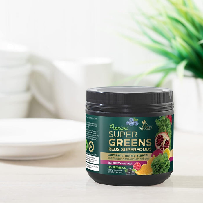 Greens Superfood Powder Supplement - Super Green Smoothie Mix Blend with Spirulina, Wheat Grass, Chlorella, Beets, Digestive Enzymes & Antioxidants - Natural Gut Health, Vegan & Non-GMO - 30 Servings