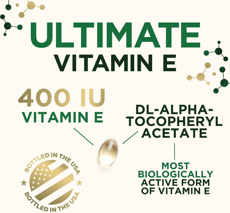 Vitamin E 400 IU Softgels (180mg DL-Alpha) for Women & Men, Supplement for Max Absorption, Nature's Antioxidant for Skin, Heart, Eye, and Immune Health Support, Dairy, Gluten & Soy Free