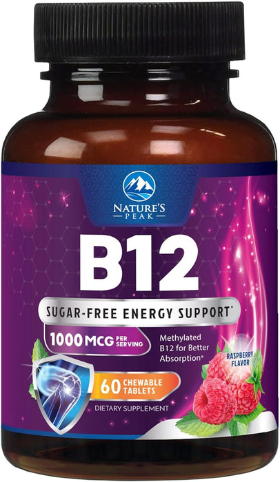 Vitamin B12 1000 mcg (Methylcobalamin) Super B 12 Complex Dietary Supplement For Energy & Immune Support, Vegan, Sugar-Free, Sublingual, Tasty Raspberry Flavor - 120 Chewable Tablets