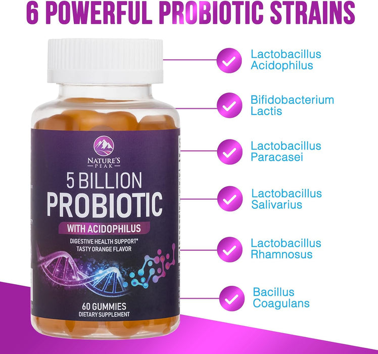 Nature’s Acidophilus Probiotics for Women & Men Gummies, 5 Billion CFU, 6 Strains, Daily Probiotic Supplement Gummy to Support Digestive Health, No Refrigeration Needed, Orange Flavor