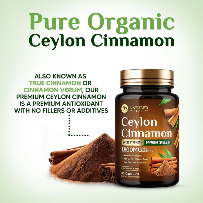 Organic Ceylon Cinnamon Capsules 1800mg - 3X Strength, Certified Organic Ceylon Cinnamon Powder Supplement - Metabolism Support, Antioxidant Pills, Gluten Free, Non-GMO, Bottled in USA - 60 Capsules