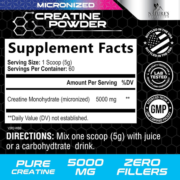 Creatine Monohydrate Powder 5000mg - Best Performance Micronized Creatine Nutritional Supplement - For Muscle Strength & Energy Support, Unflavored Monohydrate Powder, Bottled in USA - 60 Servings