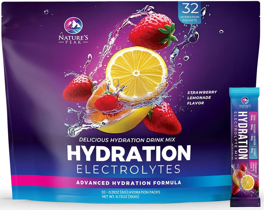 Electrolytes Powder Hydration Packets - Liquid Replenisher & Recovery Drink w Real Salt - Feel Revitalized, Keto & Sugar Free, Non-GMO, Vegan Electrolyte Drink Mix, Strawberry Lemonade - 32 Servings