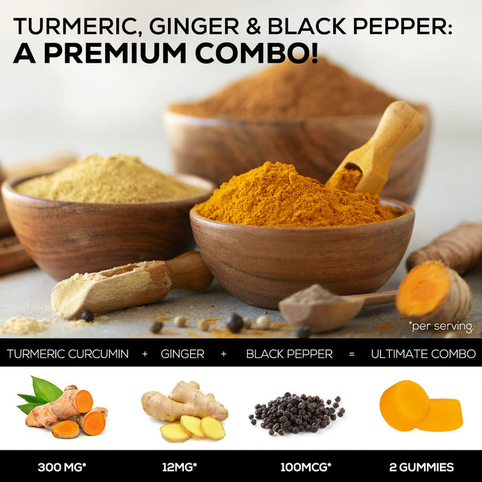 Turmeric Gummies with Black Pepper & Ginger for Best Absorption, 95% Curcuminoids Tumeric Curcumin Gummy, Nature's Herbal Extract Joint Support Supplement, Vegan Non-GMO, Peach Flavor - 120 Gummies