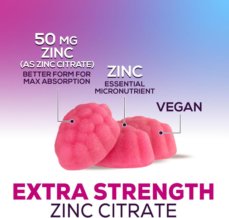 Zinc Gummies 50mg, Max Strength Immune Support for Adults, Zinc Supplement Gummy for Beautiful Skin & Immune Health Support, Nature’s Antioxidant Zinc Supplements, Vegan, Non-GMO - 60 Gummies