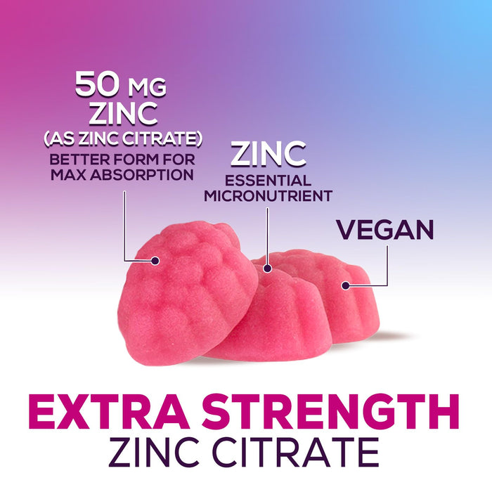 Zinc Supplement 50mg Gummies for Adults - Max Strength Skin Health & Immune Support Gummy, Vegan, Non-GMO & Gluten Free, Natureâ€™s Antioxidant & Bone Health Chewable Tasty Berry Flavor - 120 Gummies