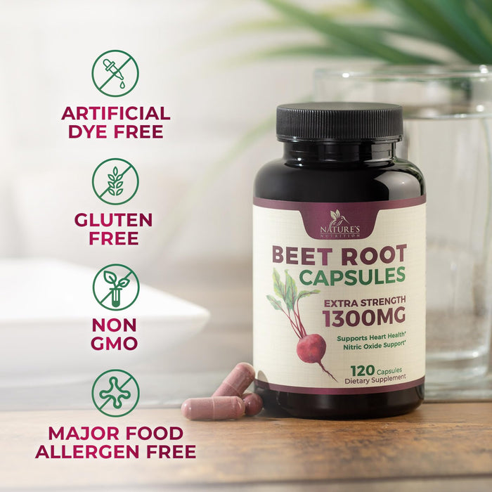 Beet Root Capsules 1300mg - Extra Strength Red Beetroot Powder Supplement â€“ Supports Nitric Oxide Production, Heart Health & Natural Energy â€“ Non-GMO, Vegan, Gluten Free â€“ 120 Veggie Capsules
