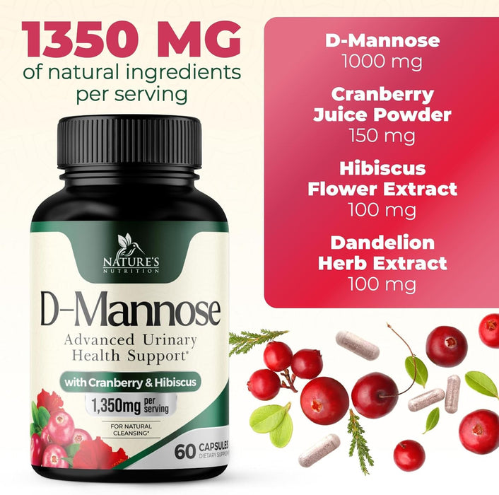 D-Mannose & Cranberry Extract 1350mg Advanced Formula, Fast-Acting Natural Urinary Tract Health Support for Women & Men, Flush Impurities in Urinary Tract & Bladder, Non-GMO, Vegan