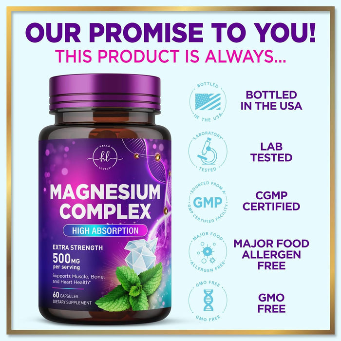Magnesium Complex 500 mg - Best Blend of Glycinate, Citrate, Malate & Oxide - Supports Sleep, Muscle, Bone & Heart Health - High Absorption, Chelated Magnesium Mineral Supplement - 60 Capsules
