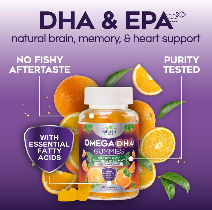 Omega 3 Fish Oil Gummies - Triple Strength Omega 3 Fish Oil Gummy Vitamins with High Absorption EPA & DHA Fatty Acids, Burpless Fish Oil Supplement, Nature's Heart Health, Orange Flavor