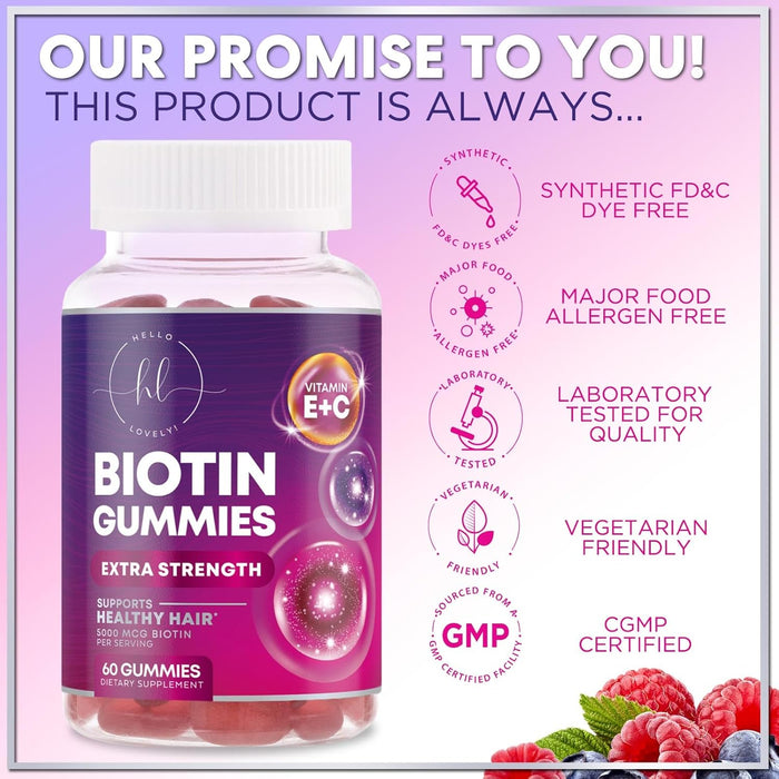 Hello Lovely! Hair Growth Vitamins Gummy with Biotin 5000 mcg Vitamin E & C, Hair Gummies for Keratin & Hair Growth Support, Hair, Skin & Nails Biotin Vitamin Supplement, Non-GMO