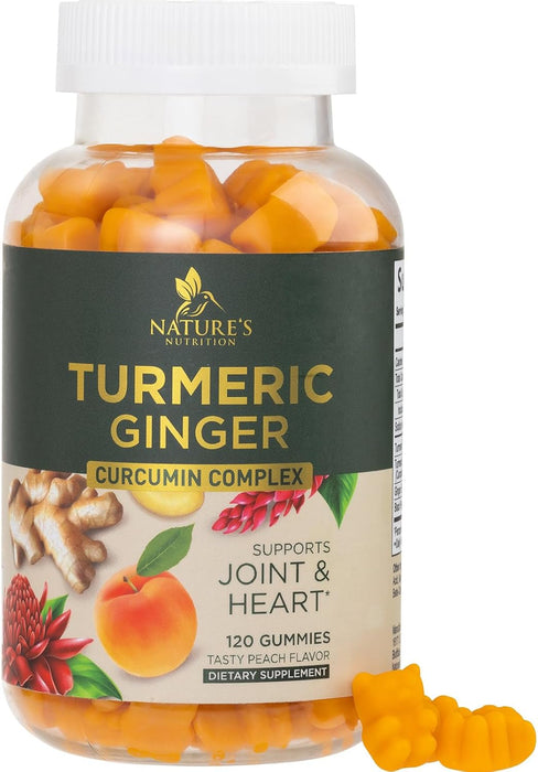 Turmeric Curcumin with Black Pepper Extract & Ginger Gummies, High Absorption Potent 95% Curcuminoids Turmeric Supplement, Nature's Tumeric Curcuma Gummy Pills, Joint Support Capsules