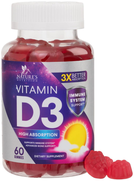 Vitamin D3 Supplement Gummy 5000 IU (125 mcg) Dietary Vitamins D for Men & Women - Bone, Teeth, Muscle & Immune Health Support, High Potency VIT D3 Nature's Non-GMO & Gluten Free - 60 Gummies