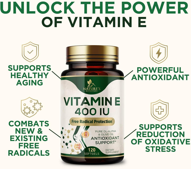 Vitamin E 400 IU Softgels (180mg DL-Alpha) for Women & Men, Supplement for Max Absorption, Nature's Antioxidant for Skin, Heart, Eye, and Immune Health Support, Dairy, Gluten & Soy Free