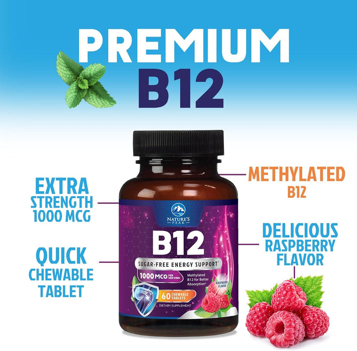 Vitamin B12 1000 mcg (Methylcobalamin) Super B 12 Complex Dietary Supplement For Energy & Immune Support, Vegan, Sugar-Free, Sublingual, Tasty Raspberry Flavor - 120 Chewable Tablets
