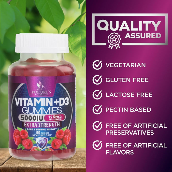Vitamin D3 Gummies 5,000 IU Extra Strength 125 mcg D3 Supplement Gummy - Support Natural Bone, Muscle, & Immune Health - Gluten Free - Non-GMO - Nature's Raspberry Flavor
