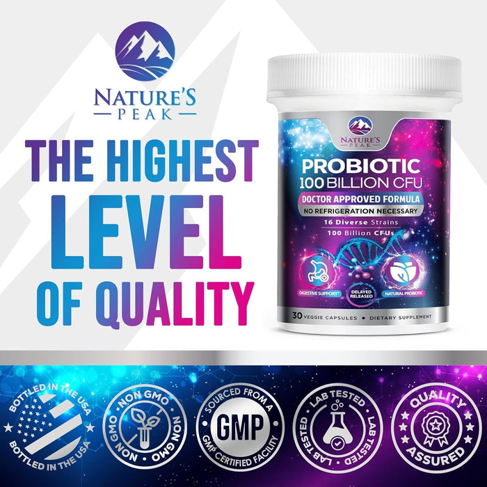 Probiotics 100 Billion CFU Supplement - 16 Strains + Natural Prebiotics - Digestive Health, Gut & Immune Support for Women & Men - Supports Occasional Constipation, Gas & Bloating