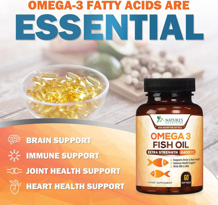 Omega 3 Fish Oil Supplement - Triple Strength Omega 3 Fish Oil Supplement with EPA & DHA - 1440 mg Omega-3 - Natural Support for Heart & Brain Health - Non-GMO, Lemon Flavor