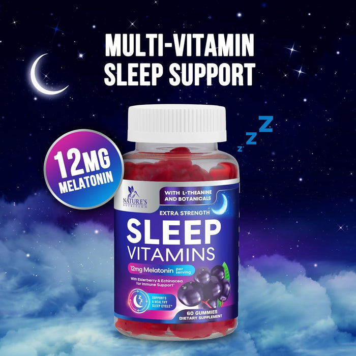 Sleep Vitamins - Fast Acting & Non-Habit Forming Sleep Gummy Supplement for Adults - Fall Asleep Naturally with 12mg Melatonin, Chamomile & Zinc, Restful Sleep & Muscle Support - 60 Gummies