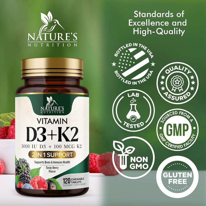 Vitamin D3 K2 Supplement | 5000 IU D3 + K2 100 mcg | MK-7 K2 with Vitamin D | Supports Immune, Heart, Teeth & Bone Health - Nature's Easy to Chew, VIT D3 K2, Non-GMO, Tasty Berry Flavor - 120 Tablets