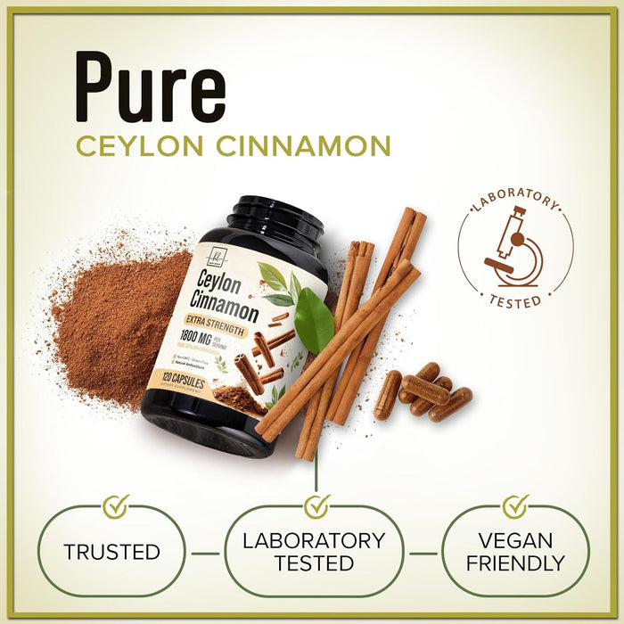 Ceylon Cinnamon Capsules Supplement 1800mg - Certified Organic Ceylon Cinnamon Powder Pills - Energy & Heart Support for Women & Men, Bottled in USA, Antioxidant, Gluten Free, Non-GMO - 120 Capsules
