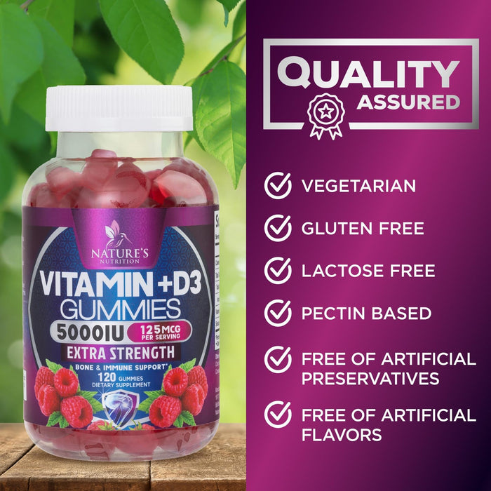 Vitamin D3 Supplement Gummy 5000 IU (125 mcg) Dietary Vitamins D for Men & Women - Bone, Teeth, Muscle and Immune Health Support, High Potency VIT D3 Nature's Non-GMO & Gluten Free - 120 Gummies