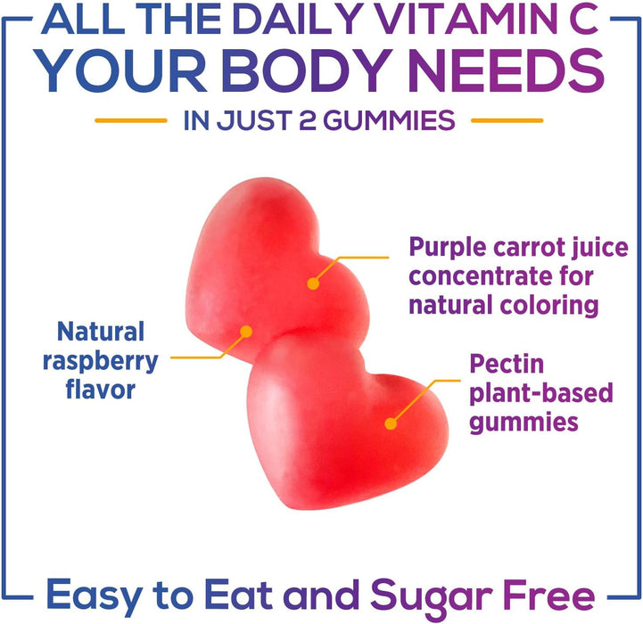 Sugar Free Vitamin C Gummies - Immune Support & Antioxidant Vitamin Dietary Supplement - Vegan, Non-GMO, Dairy & Gluten Free C Gummy Vitamins - Raspberry Flavor for Kids & Adults