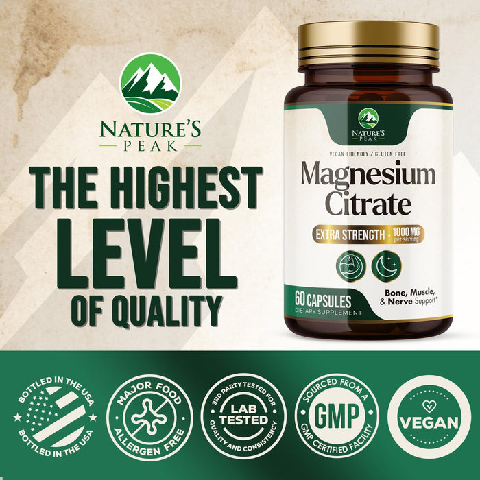 Magnesium Citrate 1000mg - High Absorption Magnesium Supplement Supports Muscle, Bone, Nerve & Heart Health - Extra Strength Magnesio Complex Pills - Non-GMO, Premium Energy Formula - 60 Capsules
