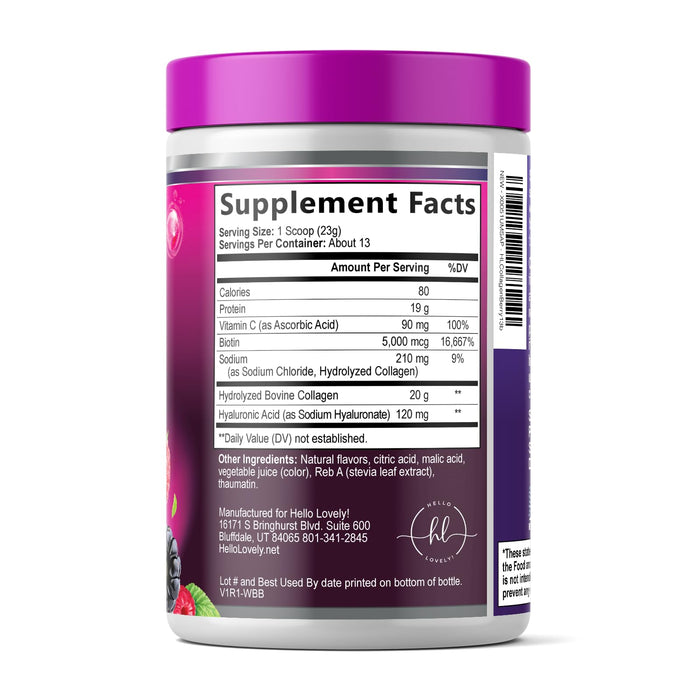 Collagen Peptides Powder 20g - Hydrolyzed Type 1 & 3 Berry Flavor Collagen Powder - Biotin, Hyaluronic Acid, Vitamin C - Hair, Skin, & Nails Support Supplement for Women & Men - Bottled in USA, 10.5oz