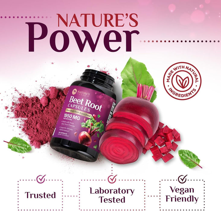 Beet Root Capsules 1950mg - Organic Beetroot Powder in Vegan Capsules - Premium Beet Root Powder Supplement Supports Nitric Oxide Production, Heart Health & Natural Energy - Bottled in USA - 120 Count