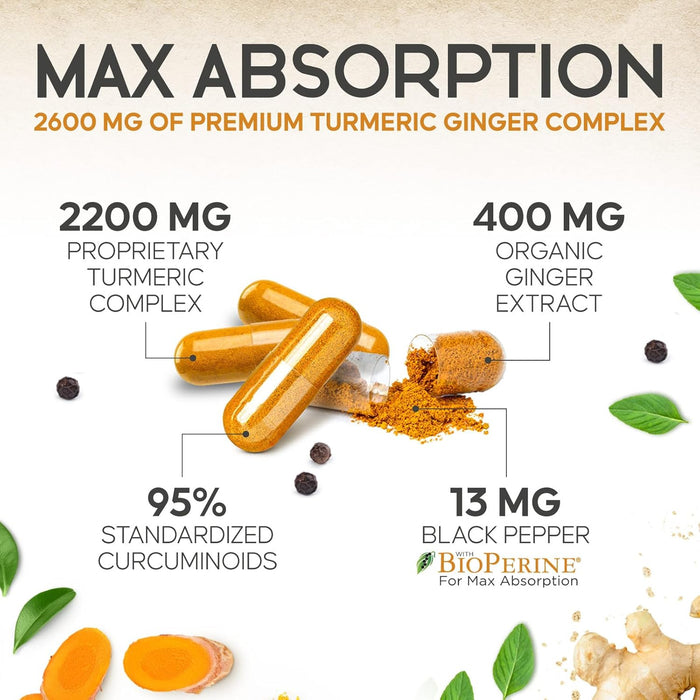 Turmeric Curcumin Supplement 2600mg - with Organic Ginger & Turmeric, 95% Curcuminoids, BioPerine Black Pepper for Best Absorption, Nature's Vegan Joint Support, Non-GMO, Bottled in USA - 240 Capsules