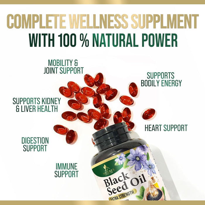 Premium Black Seed Oil Capsules Vegan Cold-Pressed 1000mg - Extra Strength Nigella Sativa Black Seed Oil, Nature's Pure Black Cumin Seed Oil for Immune, Hair and Brain Support, Non-GMO