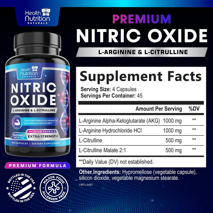 Nitric Oxide Formula with L-Arginine + Citrulline – 180 Capsules