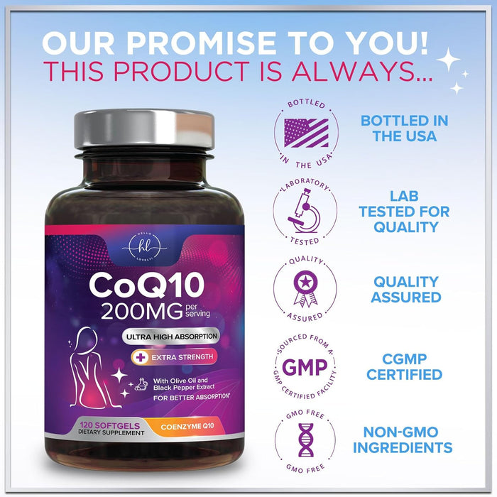 CoQ10 200mg Softgels - Ultra High Absorption, Antioxidant for Heart Health & Energy Production Support - Coenzyme Q10 Co Q 10 Vitamins and Supplements 100mg Each - Non GMO & Gluten Free