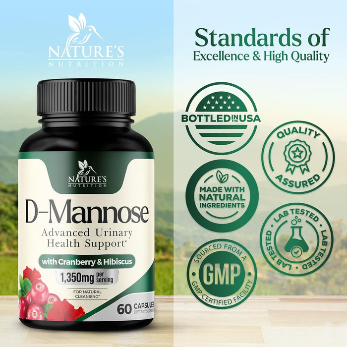 D-Mannose & Cranberry Extract 1350mg Advanced Formula, Fast-Acting Natural Urinary Tract Health Support for Women & Men, Flush Impurities in Urinary Tract & Bladder, Non-GMO, Vegan