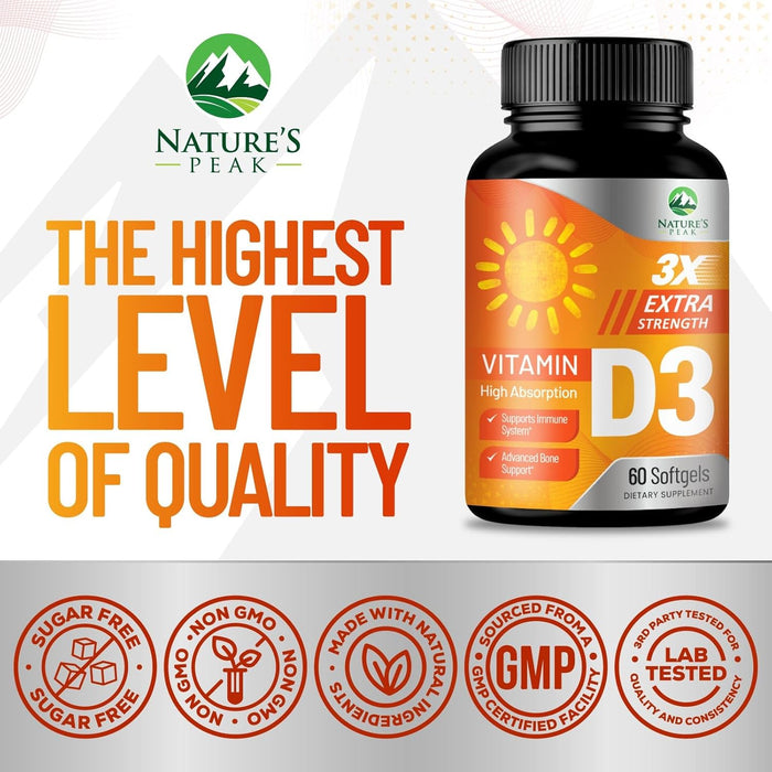D Vitamin 5000 IU Vitamin D3 Softgels - High Potency D3 Vitamin for Bone Health, Muscle, & Immune Support - Extra Strength 125 mcg - Natures Non-GMO 5000iu D3 Supplement - 60 Softgels, 60 Day Supply