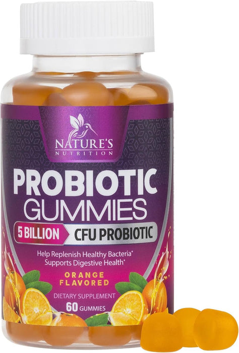 Nature's Nutrition Probiotics for Women & Men Gummy, Extra Strength 5 Billion CFU, Lactobacillus Acidophilus Daily Probiotic Supplement, Supports Immune & Digestive Health, Orange Flavor