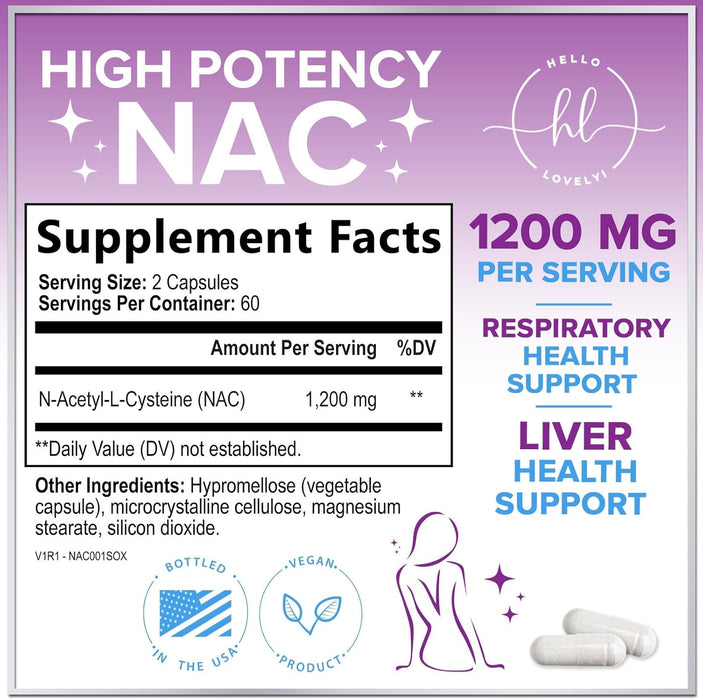 Hello Lovely! NAC Supplement 1200 mg - Liver, Lung Health & Immune Support, N-Aceyl Cysteine NAC Antioxidant & Free Radical Support, Non-GMO & Gluten Free N-Acetylcysteine Supplement