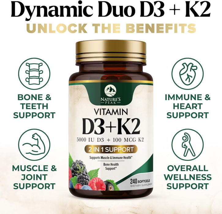 Vitamin D3 K2 Supplement | 5000 IU Vitamin D3 & 100 mcg Vitamin K2, 2 in 1 Vitamin D with K2 Complex Softgels, Support Immune, Heart, Joint, Teeth & Bone Health, Easy to Swallow, Non-GMO