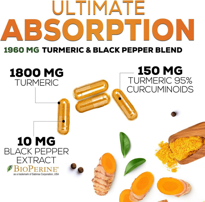 Turmeric Curcumin Supplement 1950mg - 95% Curcuminoids with Organic Turmeric & BioPerine Black Pepper Extract for Best Absorption, Nature's Vegan Joint Support, Non-GMO, Bottled in USA - 180 Capsules