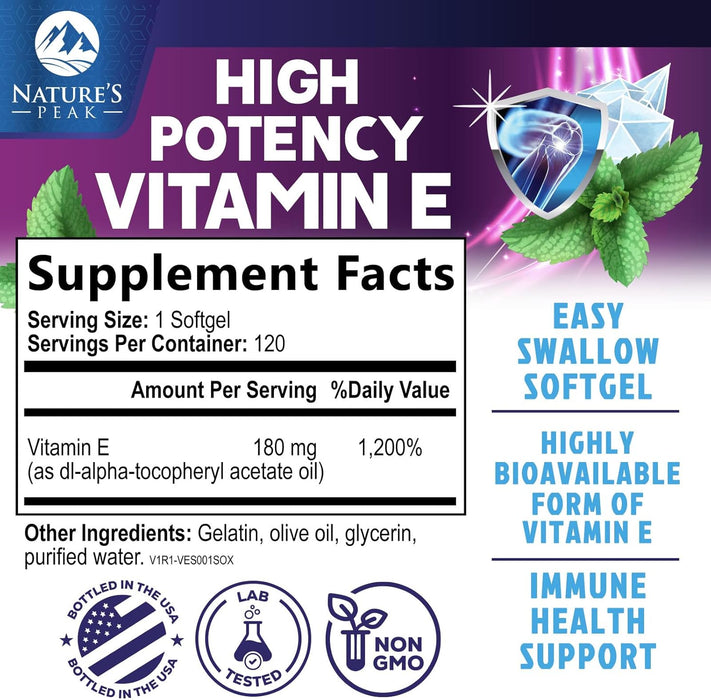 E Vitamin for Women and Men - 180 mg (400 IU) dl-Alpha - Effective Antioxidant Dietary Supplement - Hair, Skin, & Immune Health Support - Easily Absorbed Form, Non-GMO & Gluten Free