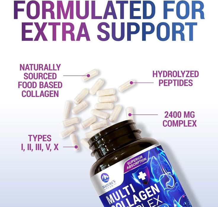 Collagen Peptides for Women & Men - Hydrolyzed Collagen Supplement for Hair, Nail, Skin, Bone and Joint Support, Type I, II, III, V, X, Grass Fed Collagen Powder Pills, Non-GMO