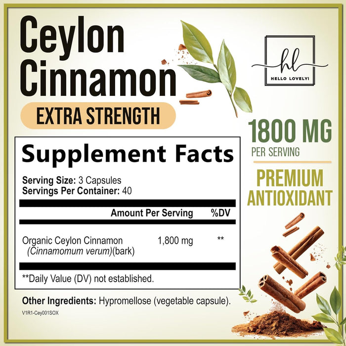 Ceylon Cinnamon Capsules Supplement 1800mg - Certified Organic Ceylon Cinnamon Powder Pills - Energy & Heart Support for Women & Men, Bottled in USA, Antioxidant, Gluten Free, Non-GMO - 120 Capsules