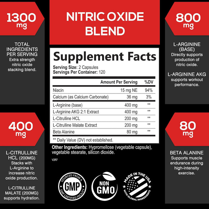 Extra Strength Nitric Oxide Booster - 3X Strength L-Arginine, Citrulline, & Beta Alanine - Premium Nitric Booster Natural Energy, Muscle & Heart Support, Bottled in USA for Men & Women - 240 Capsules