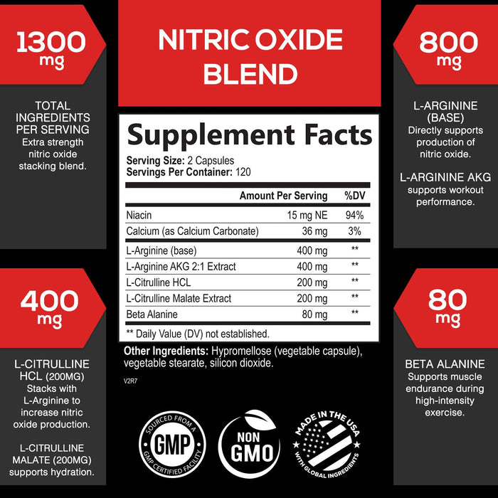 Extra Strength Nitric Oxide Supplement 3X Strength L Arginine, Citrulline Malate, AAKG, Beta Alanine - Premium Muscle Supporting Nitric Booster - Natural Energy & Heart Health Support - 240 Capsules