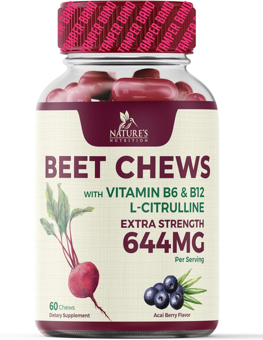 Beet Chews - Extra Strength Beet Root Chewables with Grape Seed Extract Supports Heart Health & Energy with Powerful Antioxidants - Nature's Beetroot Nitric Oxide Supplement - 60 Vegan Soft Chews