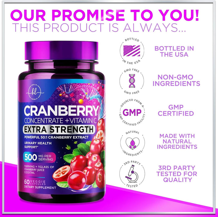 Cranberry Supplement 25,000mg Formula + Vitamin C – Urinary Tract Health Support for Women & Men, 50:1 Whole Fruit Cranberry Extract Pills for Women, Sugar-Free, Non-GMO, Gluten-Free - 60 Capsules