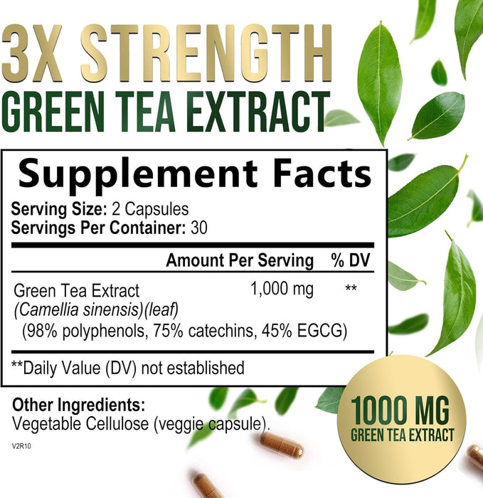 Green Tea Extract Capsules 1000mg 98% Standardized EGCG - 3X Strength for Natural Energy - Heart Support with Polyphenols - Gentle Caffeine